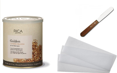 

Rica Golden Liposoluble wax For all types Skin 800 ml + Waxing Strips + Spatula(Set of 3)