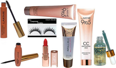 

Pro longwear combo Eyelashes With LAkme 9to5 Mousse foundation With Gold Radiance Face Serum With Liquid Eyeliner With Mascara & Matte Finish lipstick CC Color transform Cream With Infallilible Mattifying Primer(Set of 8)