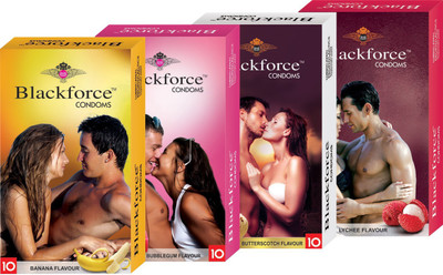 Black Force Combo 4box Banana,bubblgum,buttercotch and lychee Flavour Extra dotted Condom (40 Pieces) Condom(Set of 4, 40S)