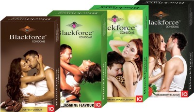 

Black Force Combo 4box Coffee,jasmine,green apple and Strawberry Flavour Extra dotted Condom (40 Pieces) Condom(Set of 4, 40S)