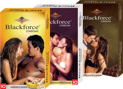 

Black Force Combo 3pack Banana,Buttercotch and Chocolate Flavour Extra dotted Condom (30 Pieces) Condom(Set of 3, 30S)