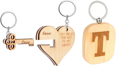 

Flipkart SmartBuy Trending Wooden Finish Combo of Heart & Key Shape key Chain and Alphabet -T Key Chain
