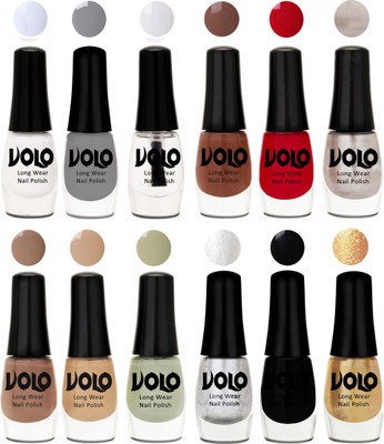 

Volo Color Rich Toxic Free Perfection Shine Nail Polish Set of 12 Matte White, Extra Shine Top Coat, Grey, Reddish Orange, Chrome Rust, Chocolate Brown, Dark Nude, Nude, Mischievous Mint, Metallic Silver, Black, Golden(Pack of 12)