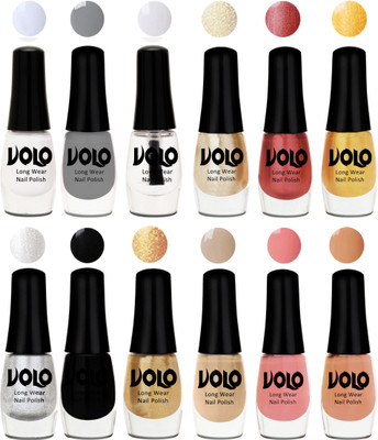 

Volo Color Rich Toxic Free Perfection Shine Nail Polish Set of 12 Matte White, Extra Shine Top Coat, Grey, Hot Lava, Gold Chrome, Light Golden, Metallic Silver, Black, Golden, Candy Cotton, Dark Nude, Nude(Pack of 12)