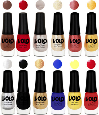 

Volo Color Rich Toxic Free Perfection Shine Nail Polish Set of 12 Reddish Orange, Chrome Rust, Chocolate Brown, Hot Lava, Gold Chrome, Light Golden, Metallic Silver, Black, Golden, Red, Yellow, Royal Blue(Pack of 12)