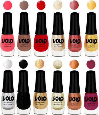 

Volo Color Rich Toxic Free Perfection Shine Nail Polish Set of 12 Carrot Red, Dark Nude, Red, Hot Lava, Gold Chrome, Light Golden, Metallic Silver, Black, Golden, Light Wine, Red Gold, Golden Chrome(Pack of 12)