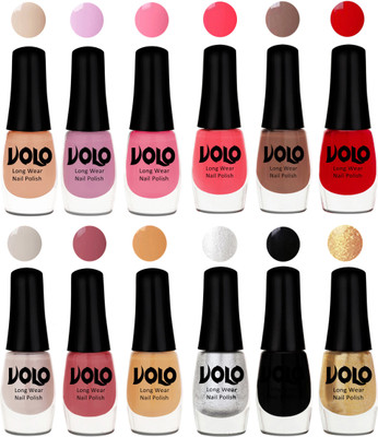 

Volo Color Rich Toxic Free Perfection Shine Nail Polish Set of 12 Light Purple, Light Pink, Pink Nude, Carrot Red, Dark Nude, Red, Flirty Nude, Tan, Ice Nude, Metallic Silver, Black, Golden(Pack of 12)