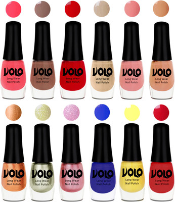 

Volo Color Rich Toxic Free Perfection Shine Nail Polish Set of 12 Carrot Red, Dark Nude, Red, Candy Cotton, Dark Nude, Nude, Bronze Magnetic, Metallic Pink, Chrome Olive Green, Red, Yellow, Royal Blue(Pack of 12)