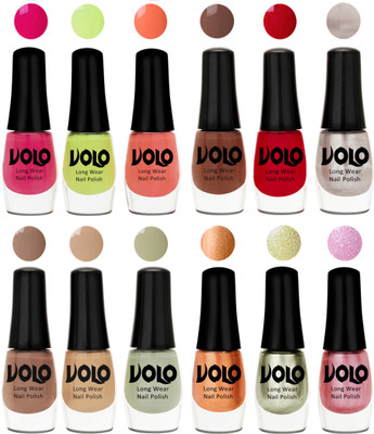 

Volo Color Rich Toxic Free Perfection Shine Nail Polish Set of 12 Parrot Green, Moon Magenta, Peach Crush, Reddish Orange, Chrome Rust, Chocolate Brown, Dark Nude, Nude, Mischievous Mint, Bronze Magnetic, Metallic Pink, Chrome Olive Green(Pack of 12)