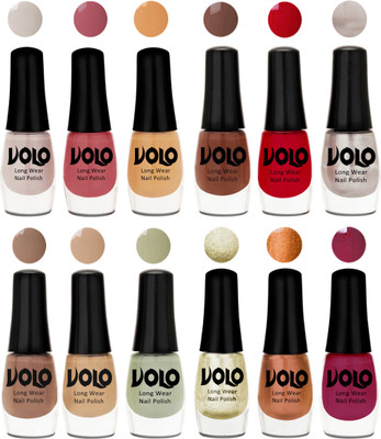 

Volo Color Rich Toxic Free Perfection Shine Nail Polish Set of 12 Flirty Nude, Tan, Ice Nude, Reddish Orange, Chrome Rust, Chocolate Brown, Dark Nude, Nude, Mischievous Mint, Light Wine, Red Gold, Golden Chrome(Pack of 12)