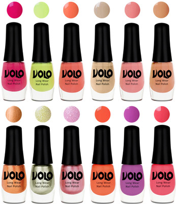 

Volo Color Rich Toxic Free Perfection Shine Nail Polish Set of 12 Parrot Green, Moon Magenta, Peach Crush, Candy Cotton, Dark Nude, Nude, Bronze Magnetic, Metallic Pink, Chrome Olive Green, Bright Plum, Coral, Light Pink(Pack of 12)