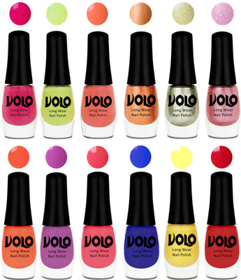 

Volo Color Rich Toxic Free Perfection Shine Nail Polish Set of 12 Parrot Green, Moon Magenta, Peach Crush, Bronze Magnetic, Metallic Pink, Chrome Olive Green, Bright Plum, Coral, Light Pink, Red, Yellow, Royal Blue(Pack of 12)