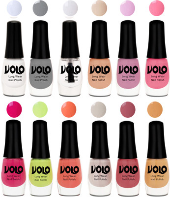 

Volo Color Rich Toxic Free Perfection Shine Nail Polish Set of 12 Matte White, Extra Shine Top Coat, Grey, Light Purple, Light Pink, Pink Nude, Parrot Green, Moon Magenta, Peach Crush, Flirty Nude, Tan, Ice Nude(Pack of 12)