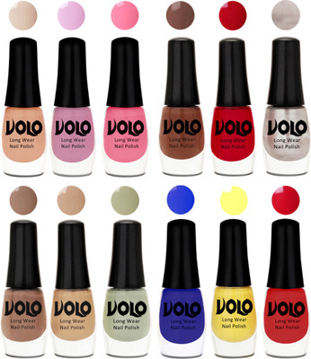 

Volo Color Rich Toxic Free Perfection Shine Nail Polish Set of 12 Light Purple, Light Pink, Pink Nude, Reddish Orange, Chrome Rust, Chocolate Brown, Dark Nude, Nude, Mischievous Mint, Red, Yellow, Royal Blue(Pack of 12)