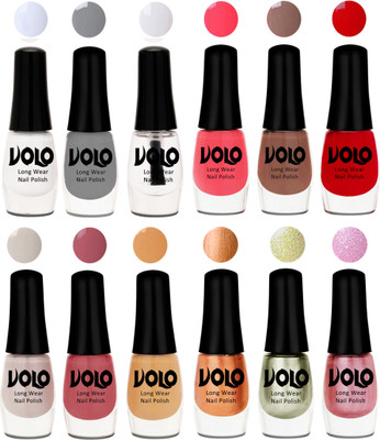 

Volo Color Rich Toxic Free Perfection Shine Nail Polish Set of 12 Matte White, Extra Shine Top Coat, Grey, Carrot Red, Dark Nude, Red, Flirty Nude, Tan, Ice Nude, Bronze Magnetic, Metallic Pink, Chrome Olive Green(Pack of 12)
