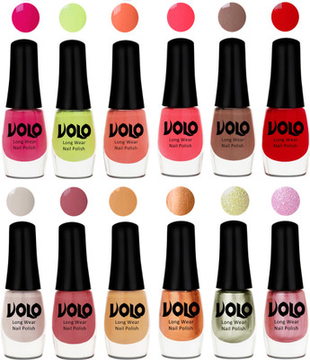 

Volo Color Rich Toxic Free Perfection Shine Nail Polish Set of 12 Parrot Green, Moon Magenta, Peach Crush, Carrot Red, Dark Nude, Red, Flirty Nude, Tan, Ice Nude, Bronze Magnetic, Metallic Pink, Chrome Olive Green(Pack of 12)