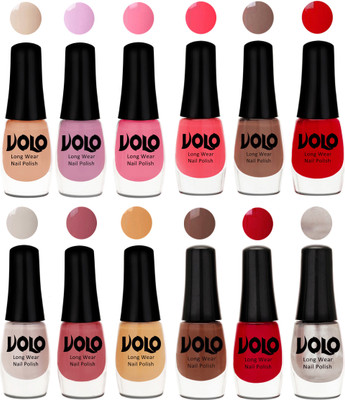 

Volo Color Rich Toxic Free Perfection Shine Nail Polish Set of 12 Light Purple, Light Pink, Pink Nude, Carrot Red, Dark Nude, Red, Flirty Nude, Tan, Ice Nude, Reddish Orange, Chrome Rust, Chocolate Brown(Pack of 12)