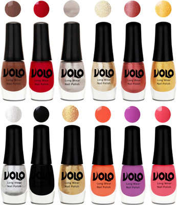 

Volo Color Rich Toxic Free Perfection Shine Nail Polish Set of 12 Reddish Orange, Chrome Rust, Chocolate Brown, Hot Lava, Gold Chrome, Light Golden, Metallic Silver, Black, Golden, Bright Plum, Coral, Light Pink(Pack of 12)