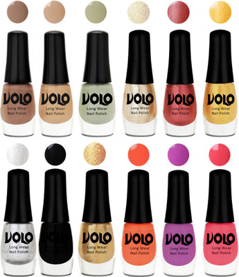 

Volo Color Rich Toxic Free Perfection Shine Nail Polish Set of 12 Dark Nude, Nude, Mischievous Mint, Hot Lava, Gold Chrome, Light Golden, Metallic Silver, Black, Golden, Bright Plum, Coral, Light Pink(Pack of 12)