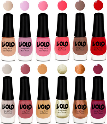 

Volo Color Rich Toxic Free Perfection Shine Nail Polish Set of 12 Light Purple, Light Pink, Pink Nude, Carrot Red, Dark Nude, Red, Flirty Nude, Tan, Ice Nude, Light Wine, Red Gold, Golden Chrome(Pack of 12)