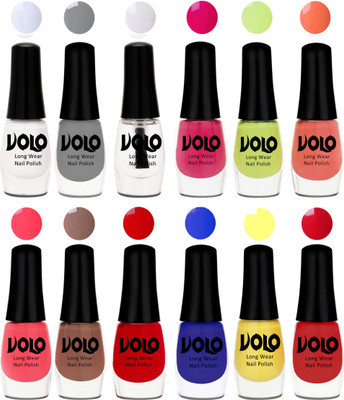 

Volo Color Rich Toxic Free Perfection Shine Nail Polish Set of 12 Matte White, Extra Shine Top Coat, Grey, Parrot Green, Moon Magenta, Peach Crush, Carrot Red, Dark Nude, Red, Red, Yellow, Royal Blue(Pack of 12)