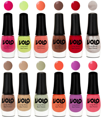 

Volo Color Rich Toxic Free Perfection Shine Nail Polish Set of 12 Parrot Green, Moon Magenta, Peach Crush, Reddish Orange, Chrome Rust, Chocolate Brown, Dark Nude, Nude, Mischievous Mint, Bright Plum, Coral, Light Pink(Pack of 12)