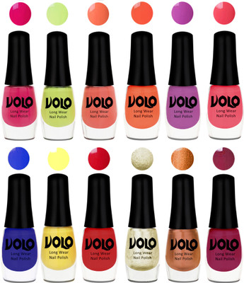

Volo Color Rich Toxic Free Perfection Shine Nail Polish Set of 12 Parrot Green, Moon Magenta, Peach Crush, Bright Plum, Coral, Light Pink, Red, Yellow, Royal Blue, Light Wine, Red Gold, Golden Chrome(Pack of 12)