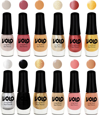 

Volo Color Rich Toxic Free Perfection Shine Nail Polish Set of 12 Flirty Nude, Tan, Ice Nude, Hot Lava, Gold Chrome, Light Golden, Metallic Silver, Black, Golden, Candy Cotton, Dark Nude, Nude(Pack of 12)