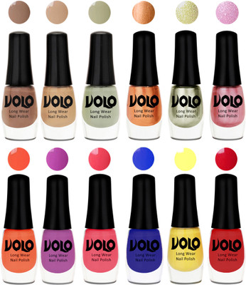 

Volo Color Rich Toxic Free Perfection Shine Nail Polish Set of 12 Dark Nude, Nude, Mischievous Mint, Bronze Magnetic, Metallic Pink, Chrome Olive Green, Bright Plum, Coral, Light Pink, Red, Yellow, Royal Blue(Pack of 12)