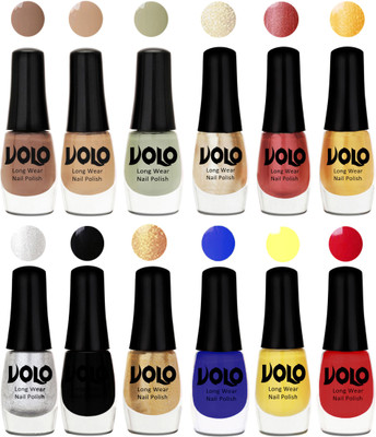 

Volo Color Rich Toxic Free Perfection Shine Nail Polish Set of 12 Dark Nude, Nude, Mischievous Mint, Hot Lava, Gold Chrome, Light Golden, Metallic Silver, Black, Golden, Red, Yellow, Royal Blue(Pack of 12)