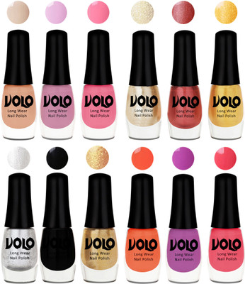 

Volo Color Rich Toxic Free Perfection Shine Nail Polish Set of 12 Light Purple, Light Pink, Pink Nude, Hot Lava, Gold Chrome, Light Golden, Metallic Silver, Black, Golden, Bright Plum, Coral, Light Pink(Pack of 12)