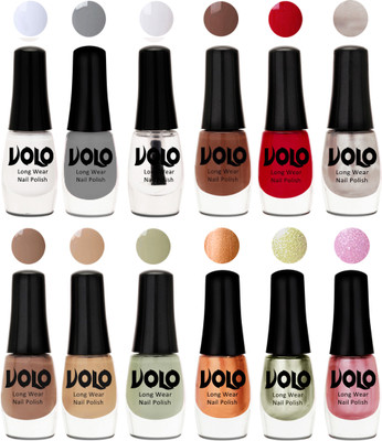 

Volo Color Rich Toxic Free Perfection Shine Nail Polish Set of 12 Matte White, Extra Shine Top Coat, Grey, Reddish Orange, Chrome Rust, Chocolate Brown, Dark Nude, Nude, Mischievous Mint, Bronze Magnetic, Metallic Pink, Chrome Olive Green(Pack of 12)