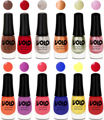 

Volo Color Rich Toxic Free Perfection Shine Nail Polish Set of 12 Reddish Orange, Chrome Rust, Chocolate Brown, Bronze Magnetic, Metallic Pink, Chrome Olive Green, Bright Plum, Coral, Light Pink, Red, Yellow, Royal Blue(Pack of 12)