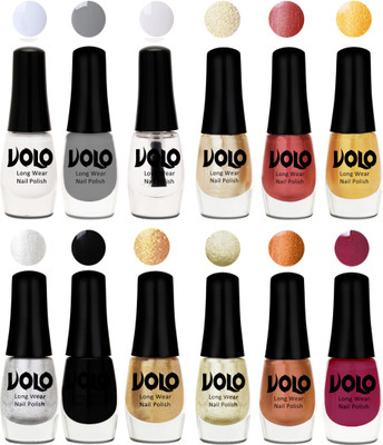 

Volo Color Rich Toxic Free Perfection Shine Nail Polish Set of 12 Matte White, Extra Shine Top Coat, Grey, Hot Lava, Gold Chrome, Light Golden, Metallic Silver, Black, Golden, Light Wine, Red Gold, Golden Chrome(Pack of 12)