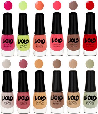 

Volo Color Rich Toxic Free Perfection Shine Nail Polish Set of 12 Parrot Green, Moon Magenta, Peach Crush, Carrot Red, Dark Nude, Red, Flirty Nude, Tan, Ice Nude, Dark Nude, Nude, Mischievous Mint(Pack of 12)
