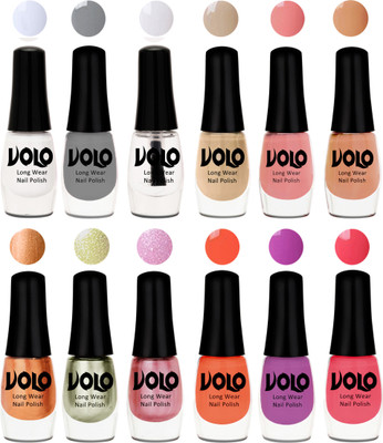 

Volo Color Rich Toxic Free Perfection Shine Nail Polish Set of 12 Matte White, Extra Shine Top Coat, Grey, Candy Cotton, Dark Nude, Nude, Bronze Magnetic, Metallic Pink, Chrome Olive Green, Bright Plum, Coral, Light Pink(Pack of 12)