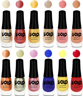 

Volo Color Rich Toxic Free Perfection Shine Nail Polish Set of 12 Hot Lava, Gold Chrome, Light Golden, Candy Cotton, Dark Nude, Nude, Bronze Magnetic, Metallic Pink, Chrome Olive Green, Red, Yellow, Royal Blue(Pack of 12)