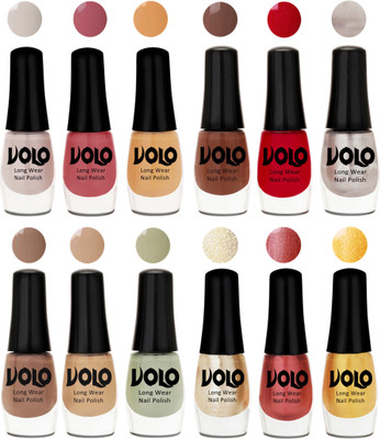 

Volo Color Rich Toxic Free Perfection Shine Nail Polish Set of 12 Flirty Nude, Tan, Ice Nude, Reddish Orange, Chrome Rust, Chocolate Brown, Dark Nude, Nude, Mischievous Mint, Hot Lava, Gold Chrome, Light Golden(Pack of 12)