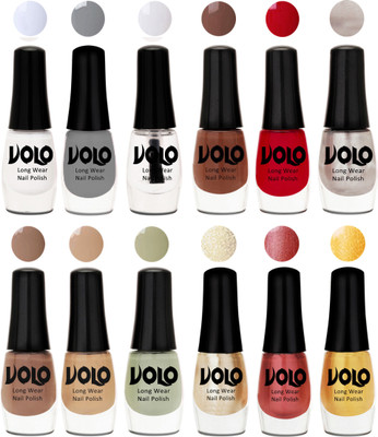

Volo Color Rich Toxic Free Perfection Shine Nail Polish Set of 12 Matte White, Extra Shine Top Coat, Grey, Reddish Orange, Chrome Rust, Chocolate Brown, Dark Nude, Nude, Mischievous Mint, Hot Lava, Gold Chrome, Light Golden(Pack of 12)