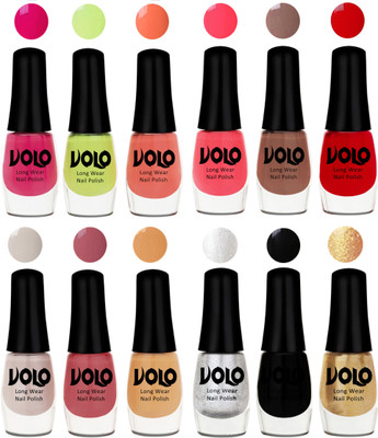 

Volo Color Rich Toxic Free Perfection Shine Nail Polish Set of 12 Parrot Green, Moon Magenta, Peach Crush, Carrot Red, Dark Nude, Red, Flirty Nude, Tan, Ice Nude, Metallic Silver, Black, Golden(Pack of 12)