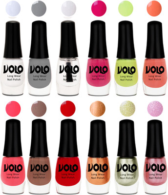 

Volo Color Rich Toxic Free Perfection Shine Nail Polish Set of 12 Matte White, Extra Shine Top Coat, Grey, Parrot Green, Moon Magenta, Peach Crush, Carrot Red, Dark Nude, Red, Bronze Magnetic, Metallic Pink, Chrome Olive Green(Pack of 12)