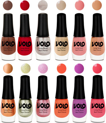 

Volo Color Rich Toxic Free Perfection Shine Nail Polish Set of 12 Reddish Orange, Chrome Rust, Chocolate Brown, Candy Cotton, Dark Nude, Nude, Bronze Magnetic, Metallic Pink, Chrome Olive Green, Bright Plum, Coral, Light Pink(Pack of 12)