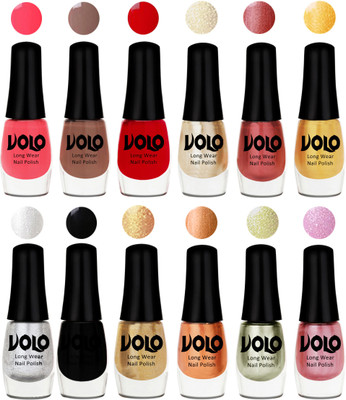 

Volo Color Rich Toxic Free Perfection Shine Nail Polish Set of 12 Carrot Red, Dark Nude, Red, Hot Lava, Gold Chrome, Light Golden, Metallic Silver, Black, Golden, Bronze Magnetic, Metallic Pink, Chrome Olive Green(Pack of 12)
