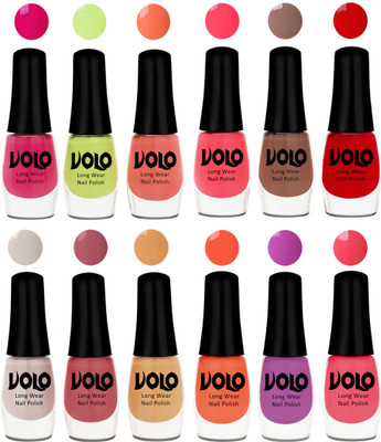 

Volo Color Rich Toxic Free Perfection Shine Nail Polish Set of 12 Parrot Green, Moon Magenta, Peach Crush, Carrot Red, Dark Nude, Red, Flirty Nude, Tan, Ice Nude, Bright Plum, Coral, Light Pink(Pack of 12)