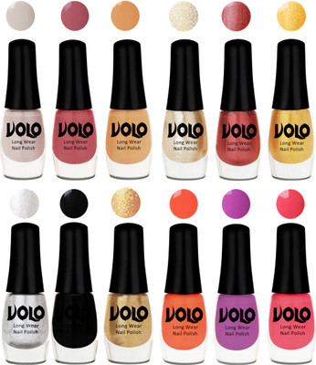 

Volo Color Rich Toxic Free Perfection Shine Nail Polish Set of 12 Flirty Nude, Tan, Ice Nude, Hot Lava, Gold Chrome, Light Golden, Metallic Silver, Black, Golden, Bright Plum, Coral, Light Pink(Pack of 12)