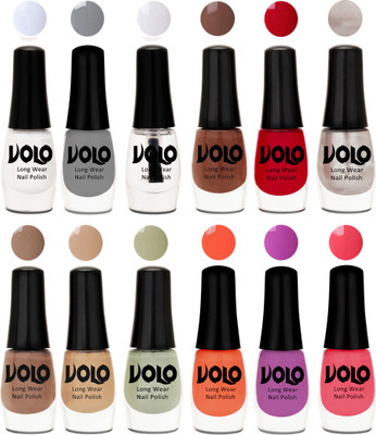 

Volo Color Rich Toxic Free Perfection Shine Nail Polish Set of 12 Matte White, Extra Shine Top Coat, Grey, Reddish Orange, Chrome Rust, Chocolate Brown, Dark Nude, Nude, Mischievous Mint, Bright Plum, Coral, Light Pink(Pack of 12)