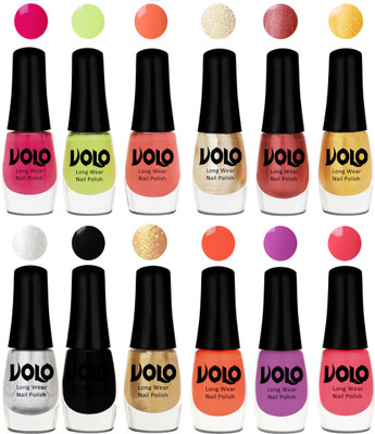 

Volo Color Rich Toxic Free Perfection Shine Nail Polish Set of 12 Parrot Green, Moon Magenta, Peach Crush, Hot Lava, Gold Chrome, Light Golden, Metallic Silver, Black, Golden, Bright Plum, Coral, Light Pink(Pack of 12)