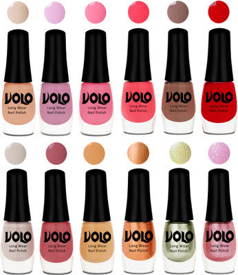 

Volo Color Rich Toxic Free Perfection Shine Nail Polish Set of 12 Light Purple, Light Pink, Pink Nude, Carrot Red, Dark Nude, Red, Flirty Nude, Tan, Ice Nude, Bronze Magnetic, Metallic Pink, Chrome Olive Green(Pack of 12)