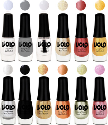 

Volo Color Rich Toxic Free Perfection Shine Nail Polish Set of 12 Matte White, Extra Shine Top Coat, Grey, Hot Lava, Gold Chrome, Light Golden, Metallic Silver, Black, Golden, Bronze Magnetic, Metallic Pink, Chrome Olive Green(Pack of 12)