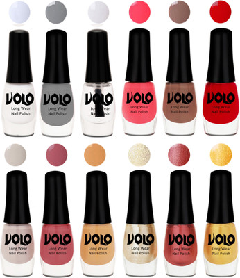 

Volo Color Rich Toxic Free Perfection Shine Nail Polish Set of 12 Matte White, Extra Shine Top Coat, Grey, Carrot Red, Dark Nude, Red, Flirty Nude, Tan, Ice Nude, Hot Lava, Gold Chrome, Light Golden(Pack of 12)